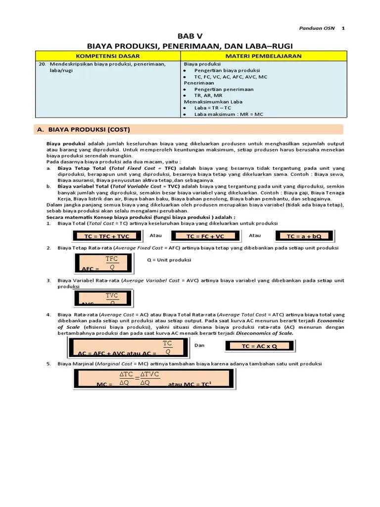 Bab 5 Biaya Produksi, Penerimaan, Dan Laba Rugi | PDF