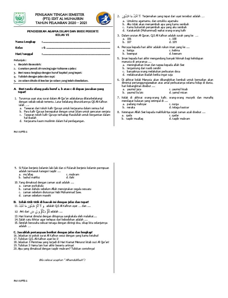 PTS - Kelas 6 - Pai | PDF