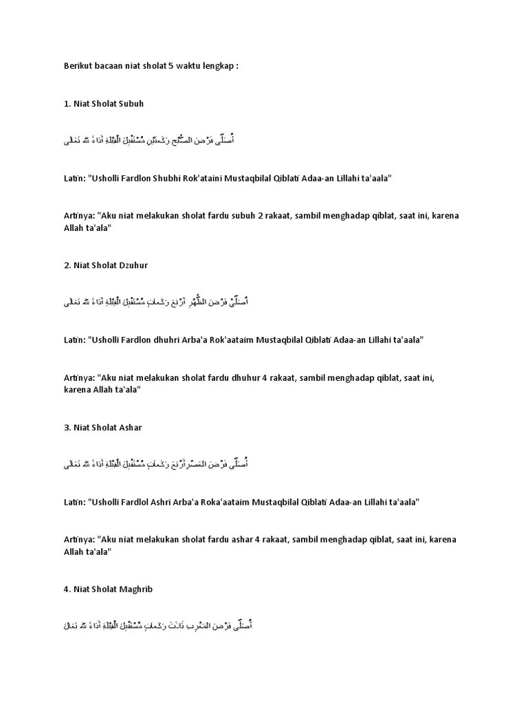 Niat Shalat 5 Waktu | PDF