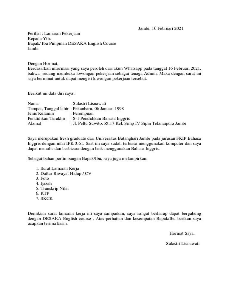 Surat Lamaran Sulastri | PDF