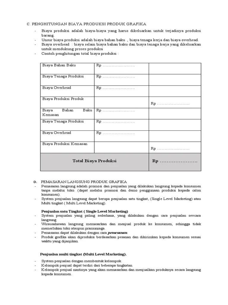 PKWU C. PENGHITUNGAN BIAYA PRODUKSI Dan D PEMASARAN LANGSUNG PRODUK GRAFIKA  | PDF