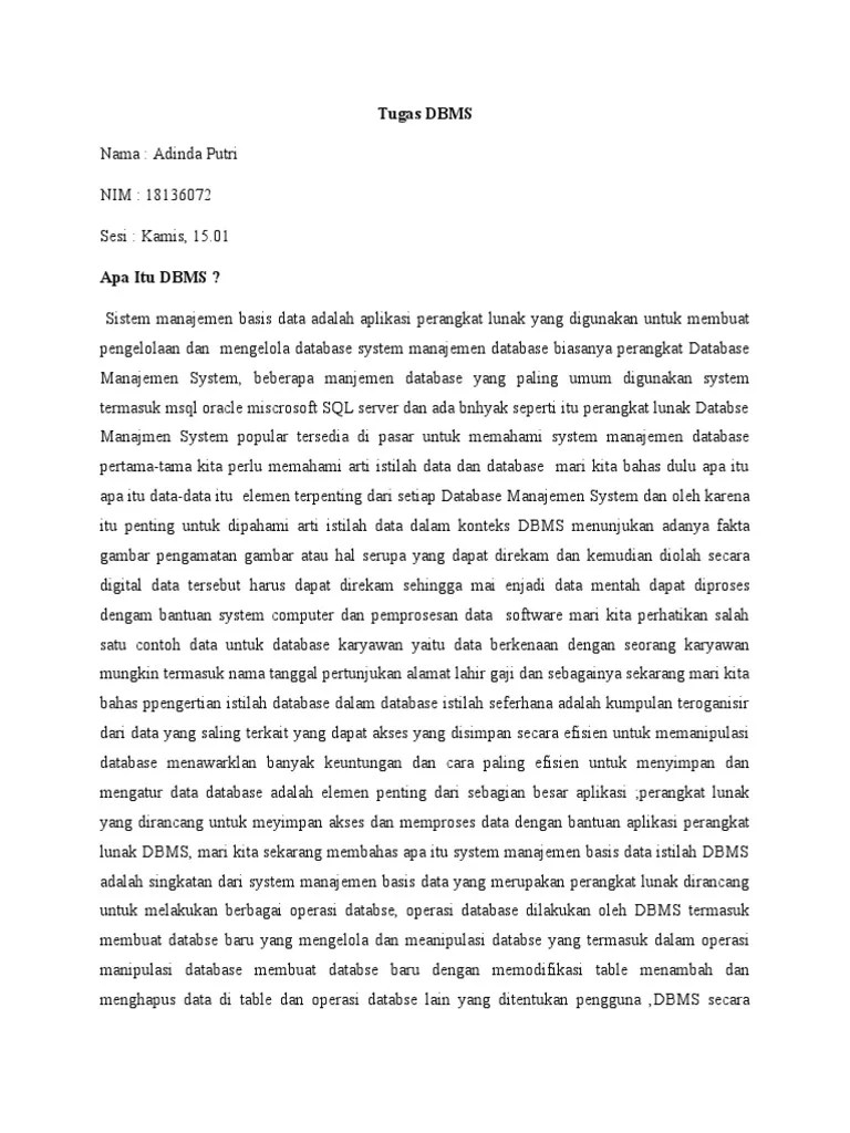 Tugas 1 DBMS Adinda Putri 18136072 | PDF