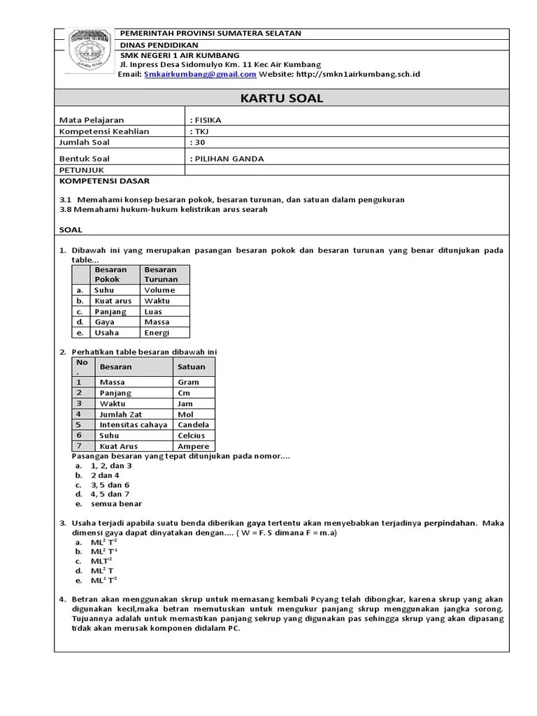 Kartu Soal Pas Fisika TKJ | PDF