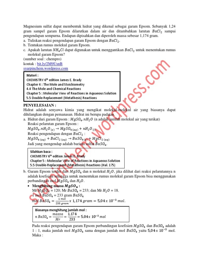 Magnesium Sulfat Dapat Membentuk Hidrat Yang Dikenal Sebagai Garam Epsom |  PDF