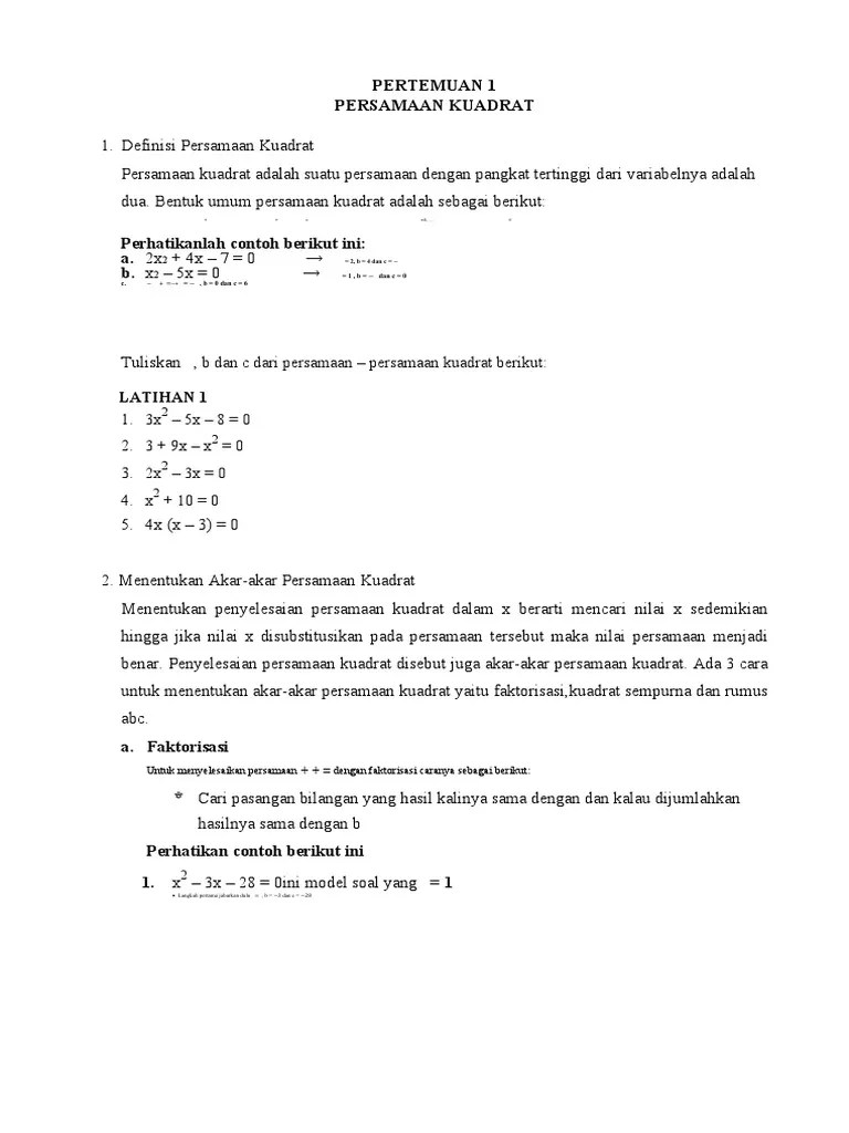 PERTEMUAN 1 Persamaan Kuadrat | PDF