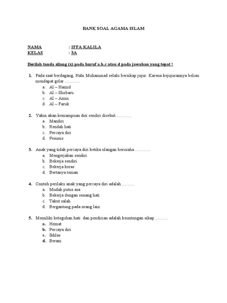 BANK SOAL AGAMA ISLAM IFFA 3A.1 | PDF