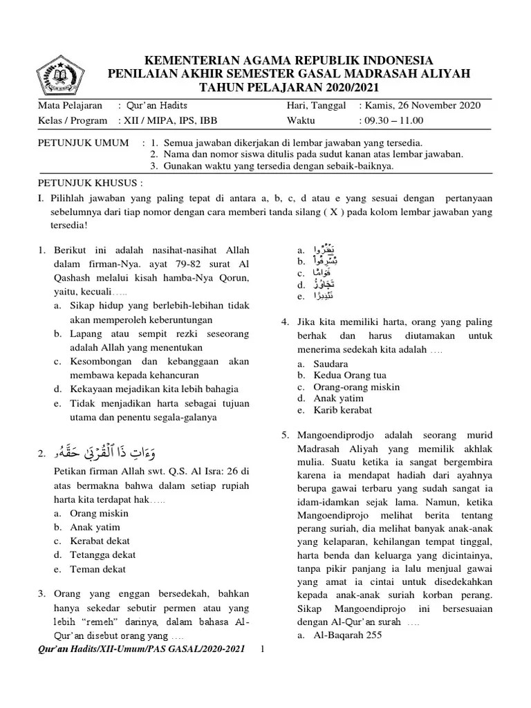4.2. Soal Pas Quran Hadits Xii 2020-2021 | PDF