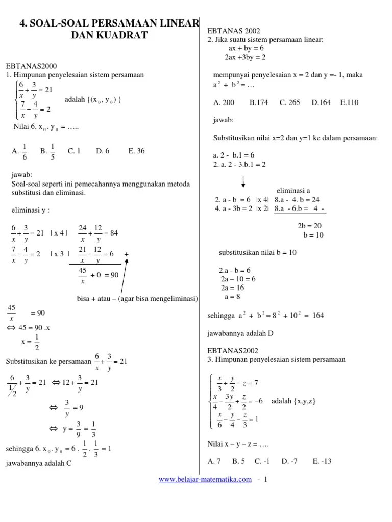 Soal-Soal Persamaan Linear Dan Kuadrat | PDF
