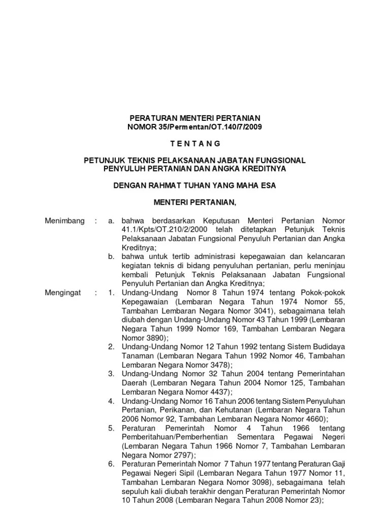 Permentan Juknis Pelaksanaan Pelaksanaan Jabatan Fungsional Penyuluh  Pertanian Dan Angka Kreditnya | PDF