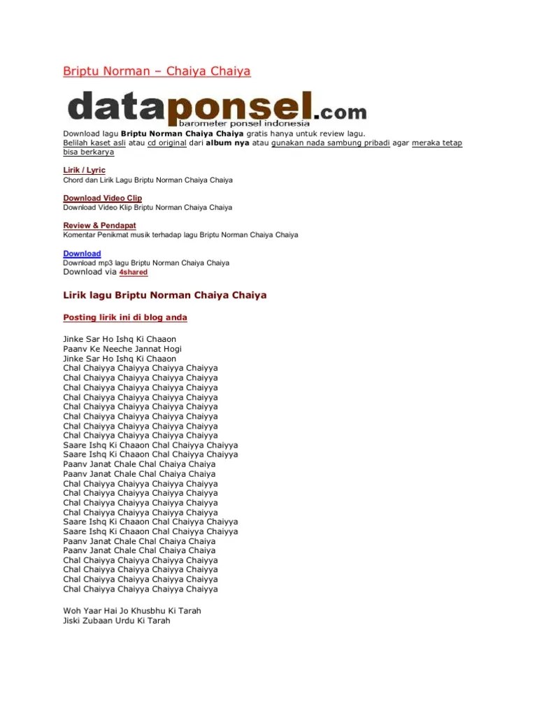 Lirik Lagu Chaiya Chaiya – Nasi