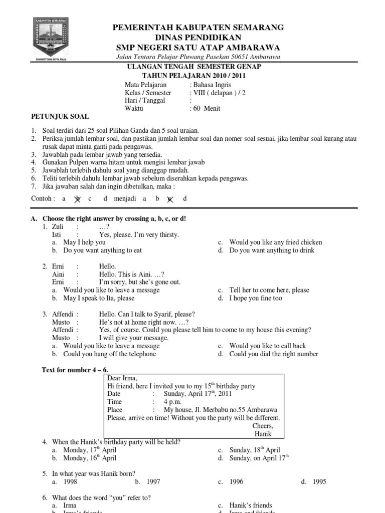 Contoh Soal Bahasa Inggris Smp Kelas 8 Semester Genap