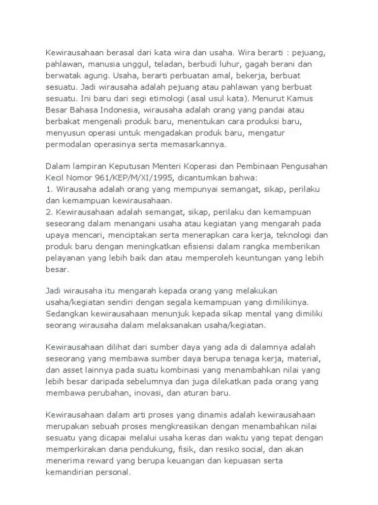Kewirausahaan Berasal Dari Kata Wira Dan Usaha | PDF