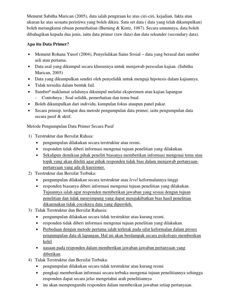 Kaedah Pengumpulan Data (Primer &amp; Sekunder) | PDF