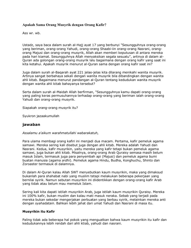 Apakah Sama Orang Musyrik Dengan Orang Kafir | PDF