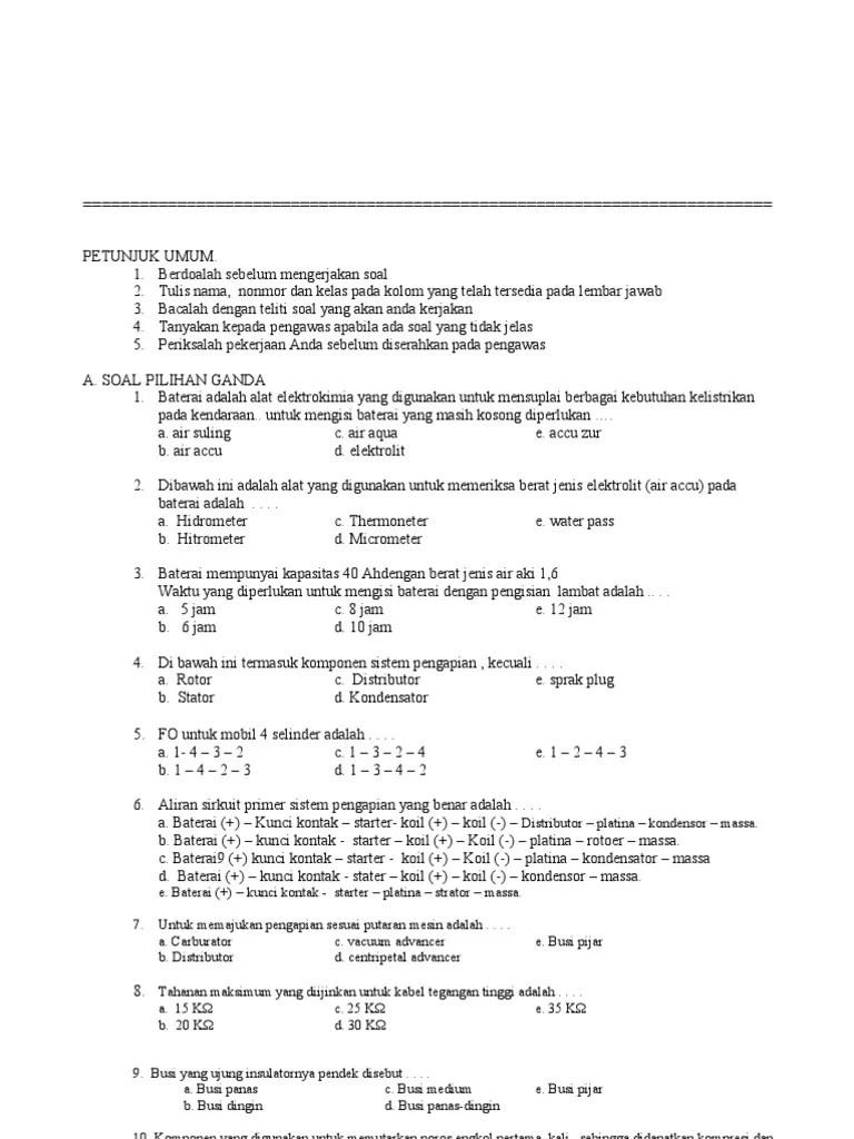 Contoh Soal Dan Jawaban Tentang Pengapian - Kemendikbud