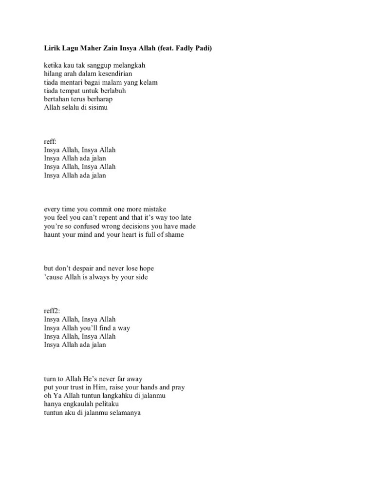 Lirik Lagu Maher Zain Insya Allah | PDF