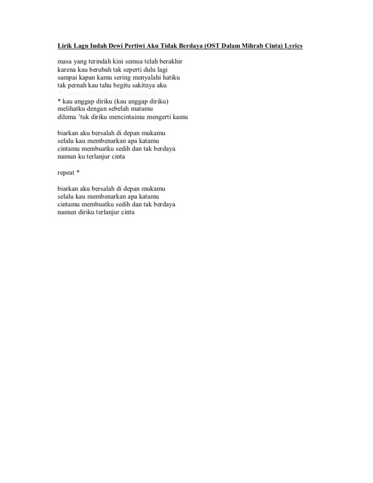 Lirik Lagu Indah Dewi Pertiwi Aku Tidak Berdaya | PDF