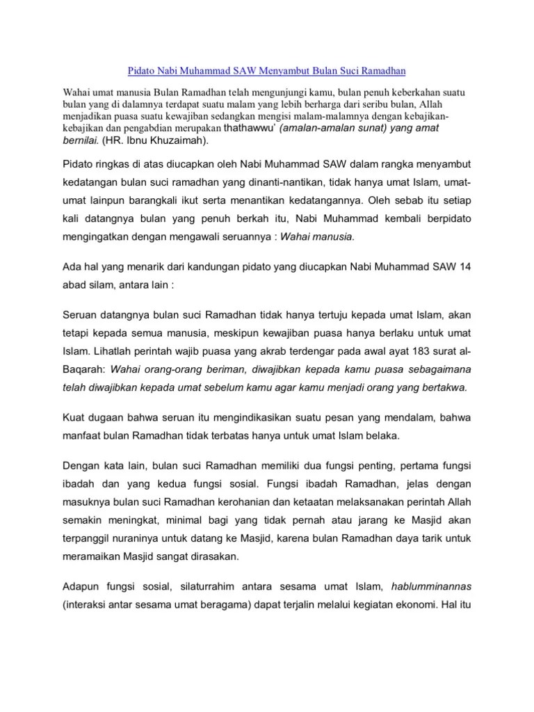 Pidato Nabi Muhammad SAW Menyambut Bulan Suci Ramadhan | PDF