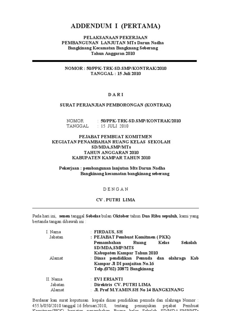 Contoh Surat Permohonan Addendum Tambah Kurang