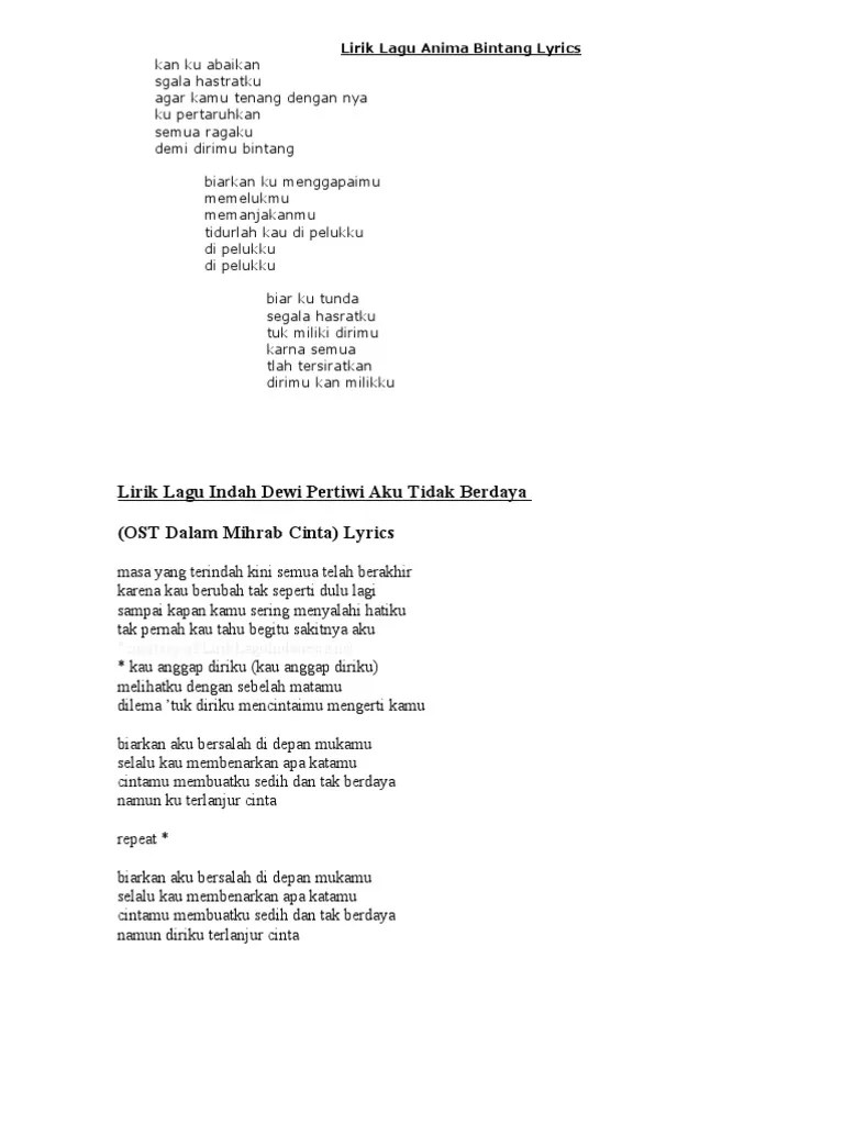 Lirik Lagu Anima Bintang Lyrics | PDF