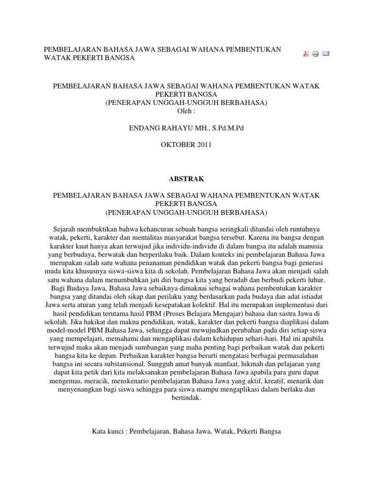 Pembelajaran Bahasa Jawa Sebagai Wahana Pembentukan Watak Pekerti Bangsa |  PDF