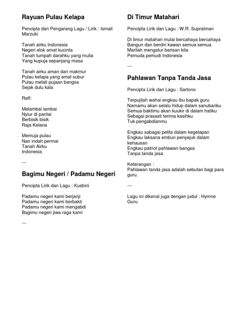 Tuliskan Lirik Lagu Tanah Air Ciptaan Ibu Sud