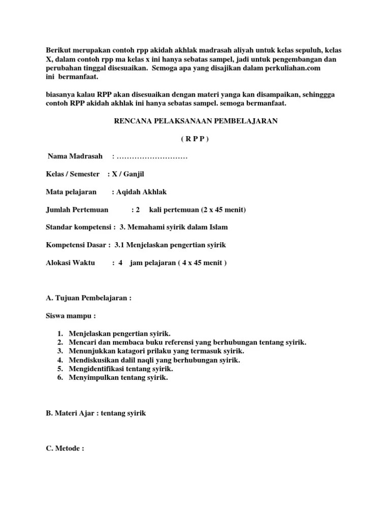 Berikut Merupakan Contoh RPP Akidah Akhlak Madrasah Aliyah Untuk Kelas  Sepuluh | PDF