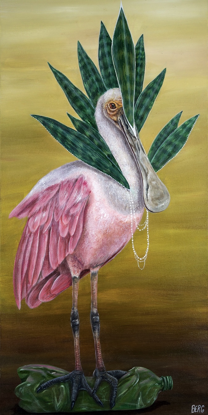 Colhereiro pousado em uma garrafa pet, substituindo um galho. A ave é conhecida como uma indicadora de boa qualidade ambiental, já que possui baixa resistência à poluição e contaminação. Seu bico, em forma de colher, serve para peneirar a água a procura de alimento. Na pintura, é representada como uma entidade de pós-morte e purificação em um cenário “vazio e seco”, como alusão ao impacto ambiental do descarte irregular.