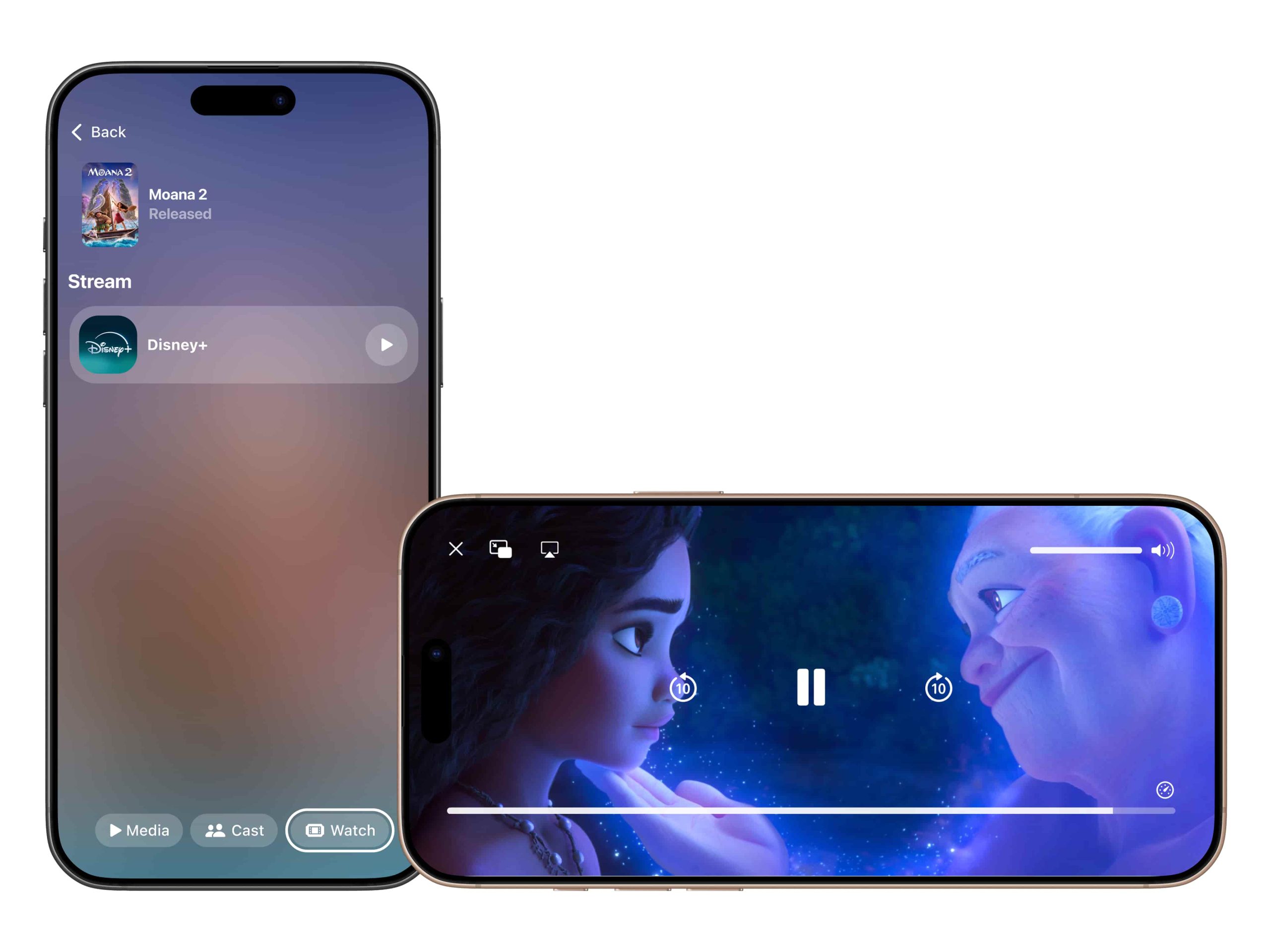 imagen de dos iPhone, uno en vertical con la app de Kernel ejecutada en la pantalla de visualización en modo Guía y el otro en horizontal con una película de dibujos en reproducción