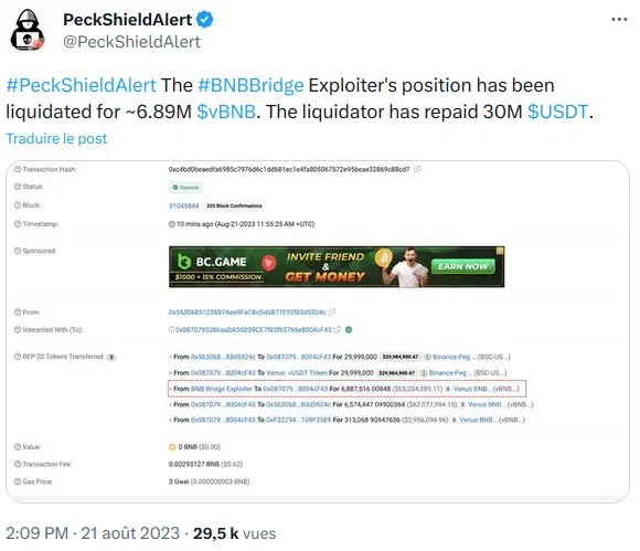 BNBChain : Vol de 600 millions de dollars et liquidation du voleur
