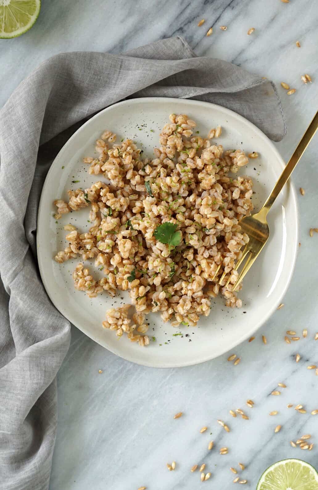 Farro on a white plate with a gold fork