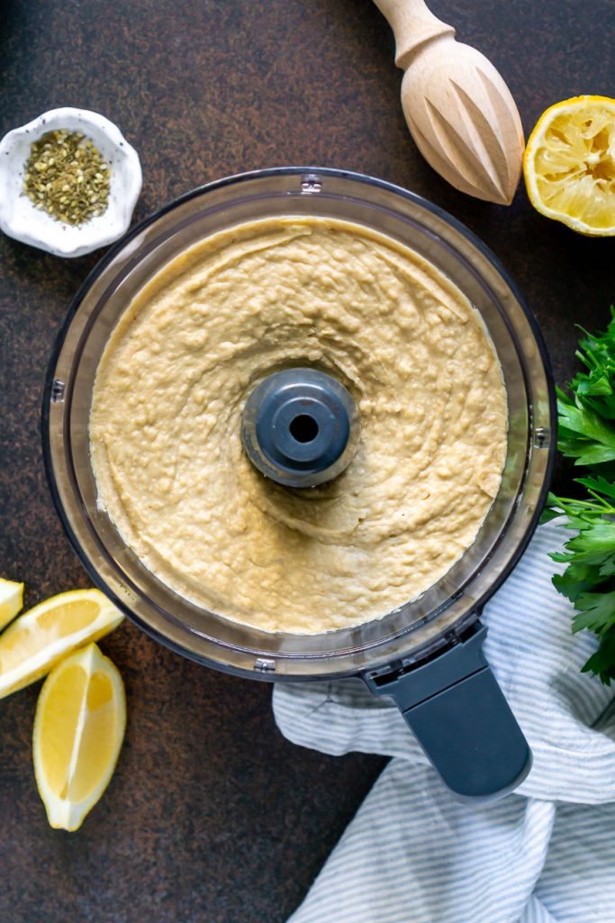 creamy hummus in a food processor