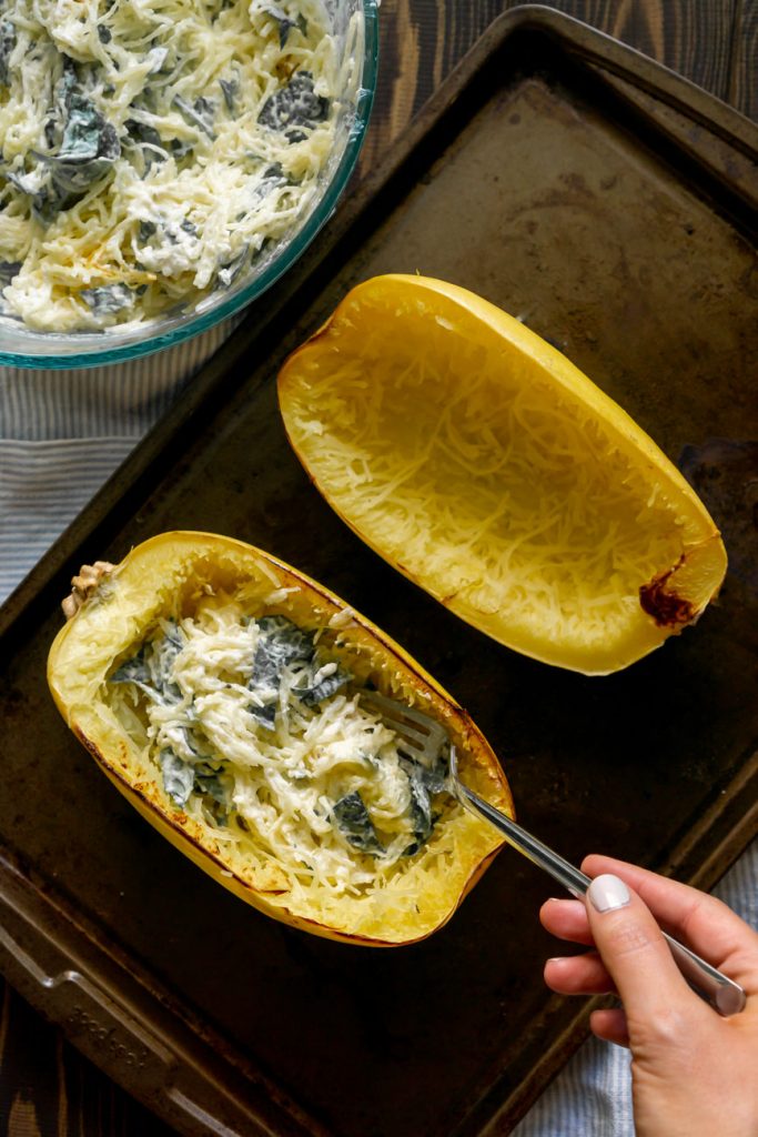 filling spaghetti squash boats