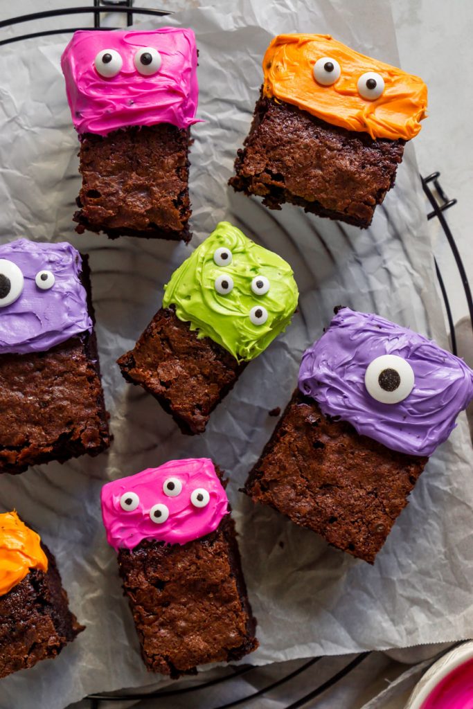 purple, pink, and orange monster brownies