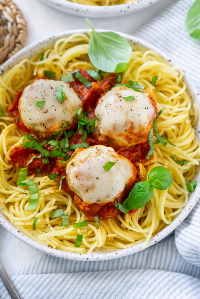pasta on a plate with chicken meatballs