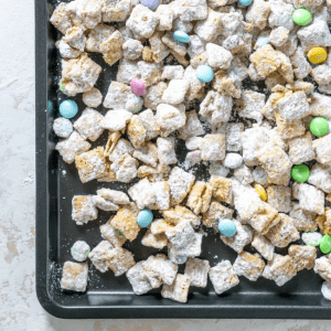 puppy chow on a baking sheet