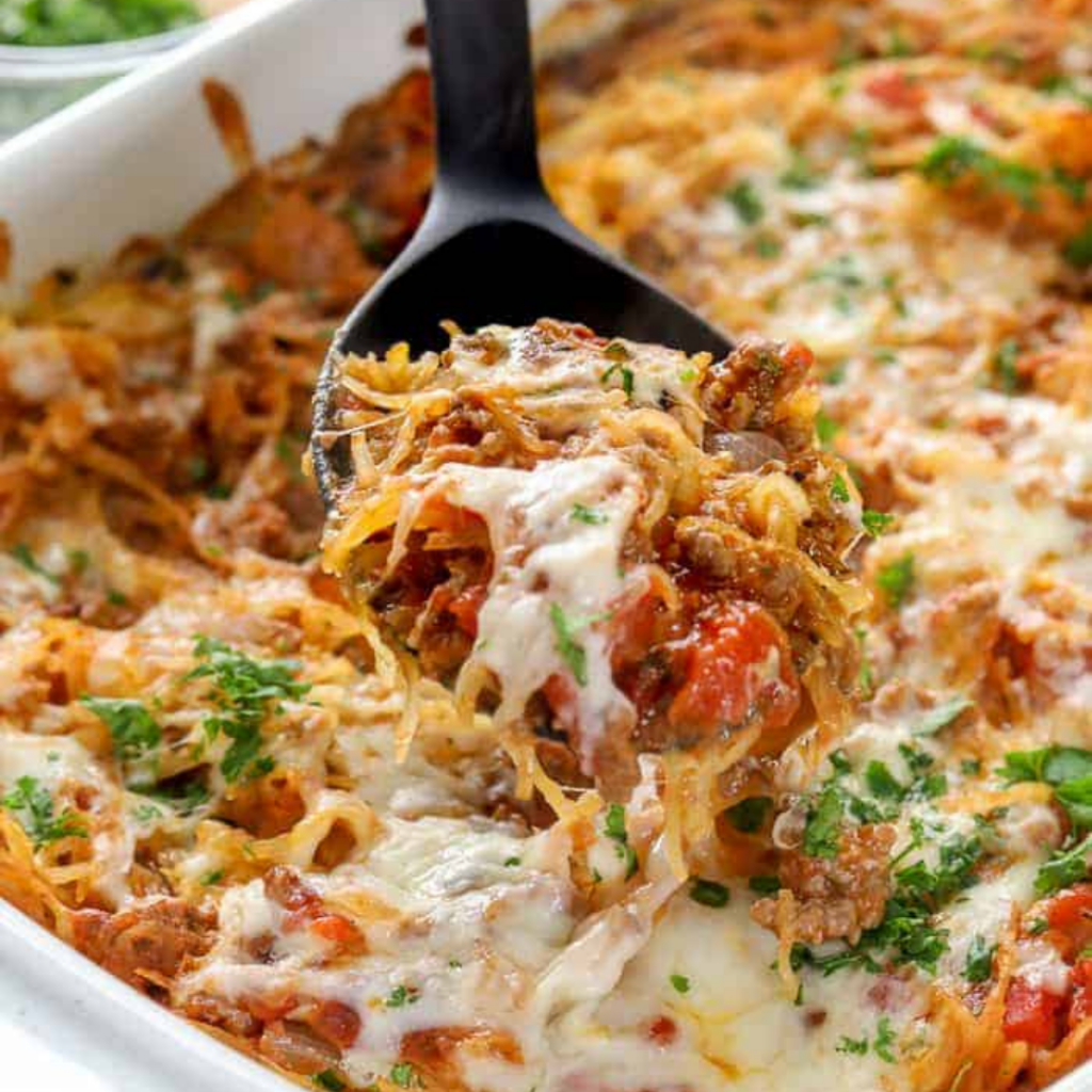 spoon serving spaghetti squash casserole