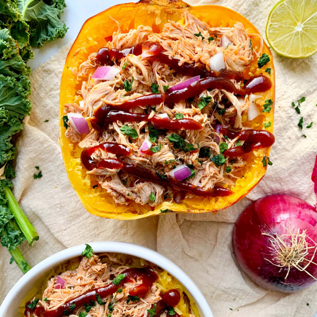 bbq chicken spaghetti squash boat with a red onion