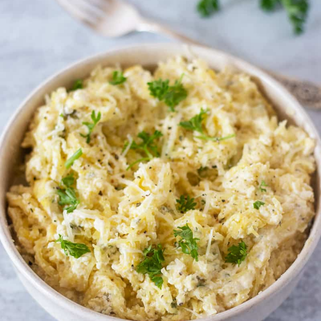 spaghetti squash ricotta in a white bowl