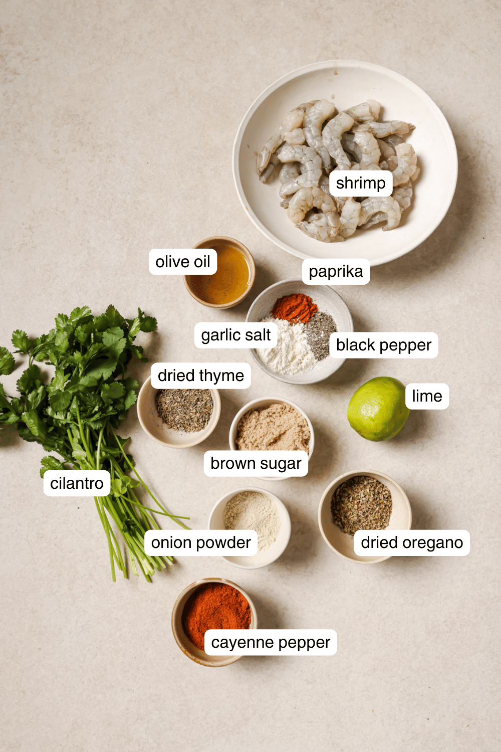 Labeled ingredients for blackened shrimp.