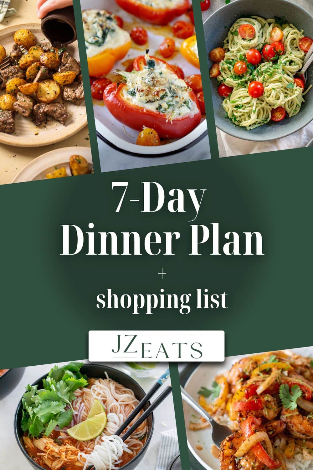 A collage of recipes with the title "7-Day Dinner Plan."