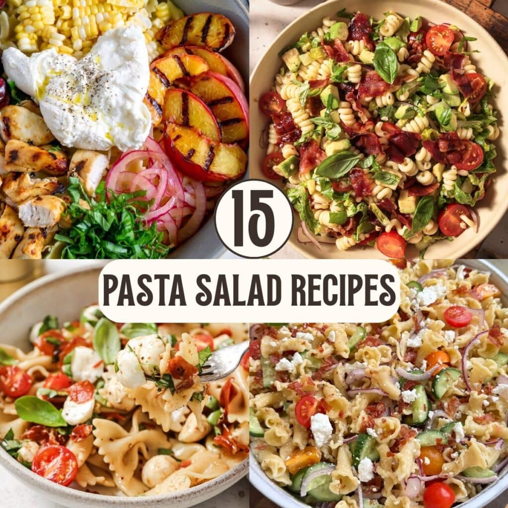 Four photos of pasta salad in bowls.