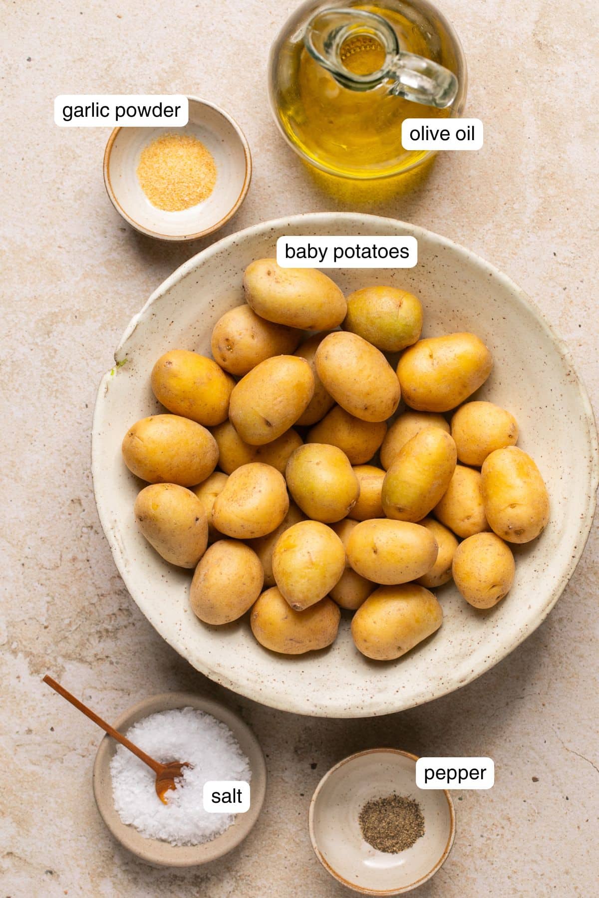 Labeled ingredients for air fryer smashed potatoes.