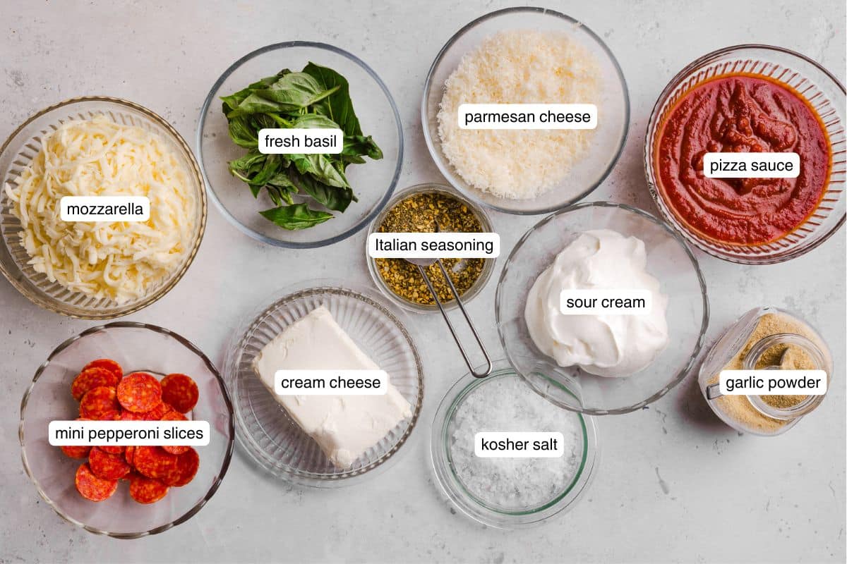 A flat lay of pizza dip ingredients labeled on a countertop.