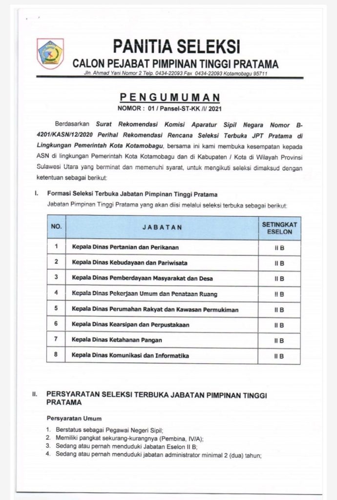 Pemkot Kotamobagu Lelang 8 Jabatan Kepala Dinas, Ini Rincian Formasi dan  Persyaratannya - KILAS24