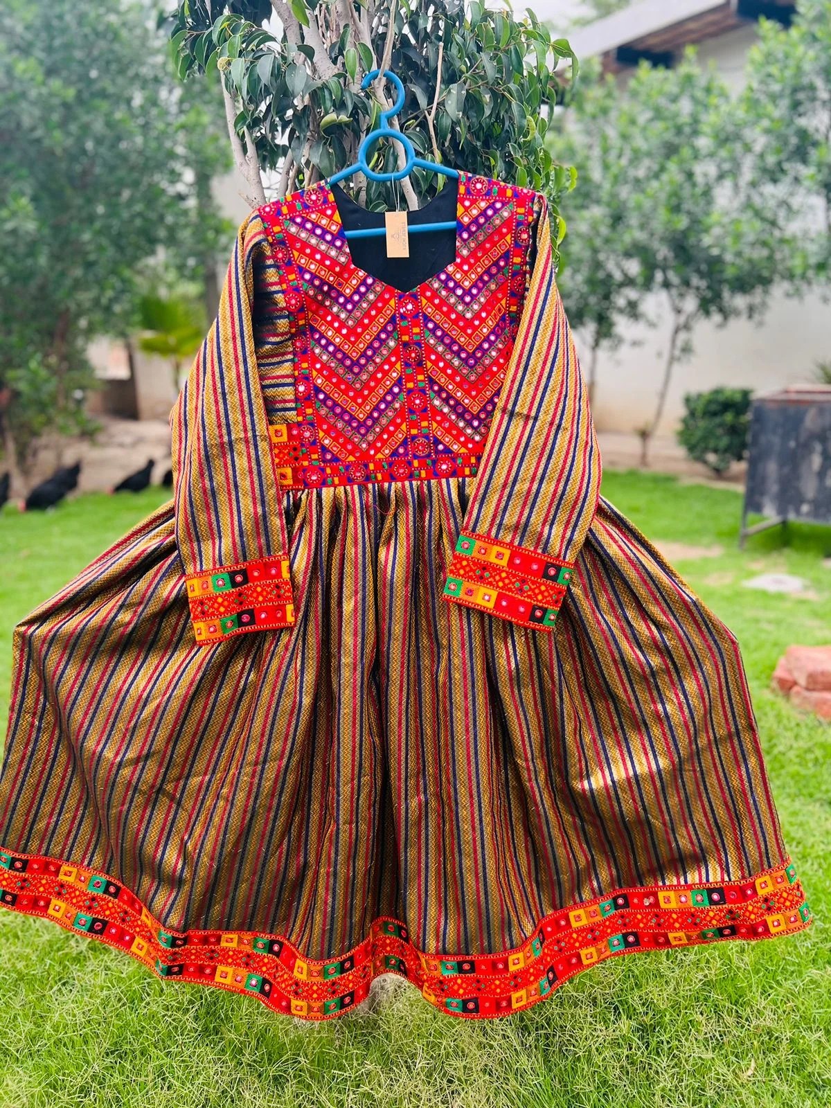 Afghani Dress Made By Banarsi Fabric With Tribal Embroidery-1 - Wholesale Kuchi Jewels Afghani image