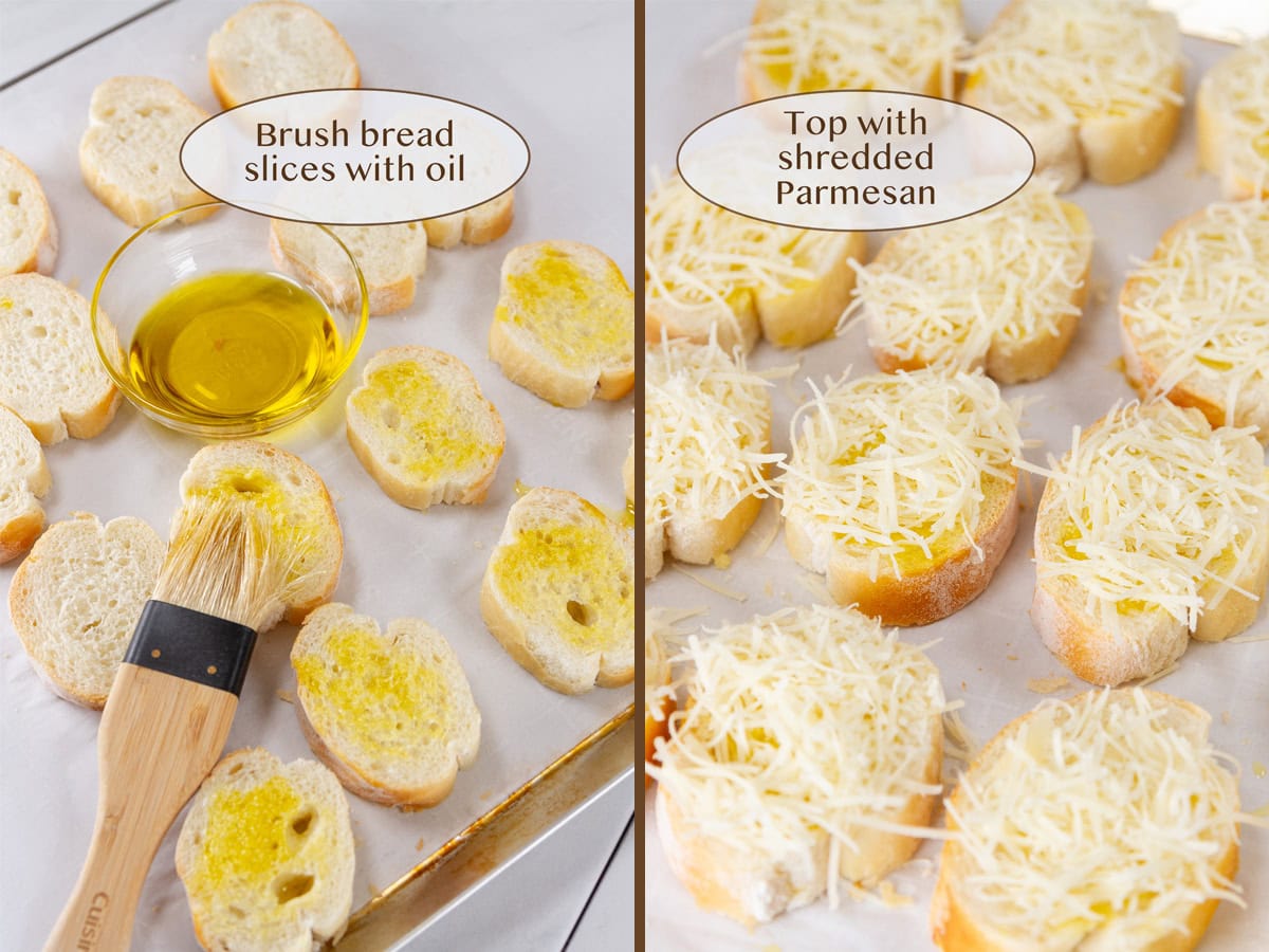 brushing the bread with oil on left and topping with shredded Parmesan on right.