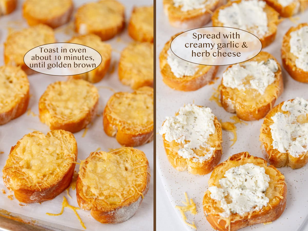 cheesy toasted bread on left and spread with creamy cheese on right.