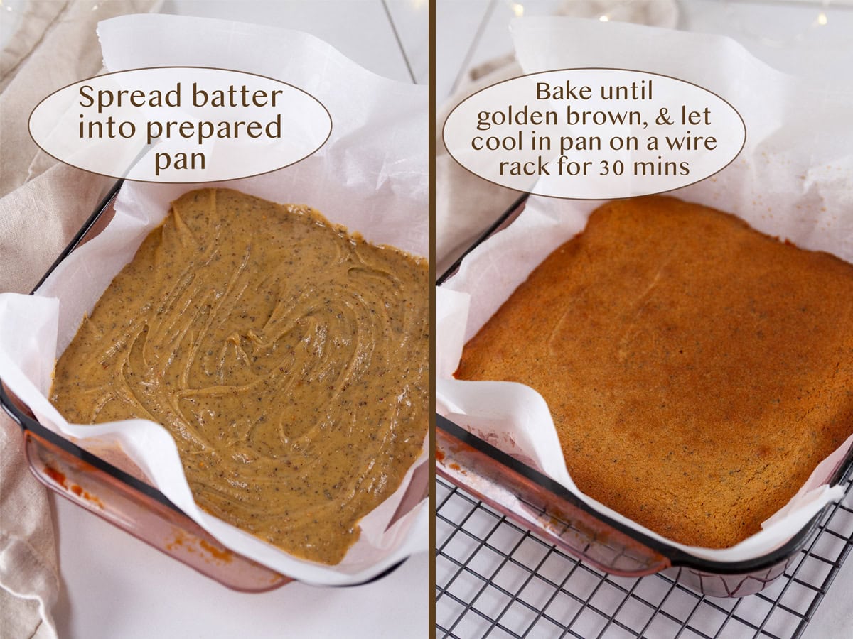 spread the batter in a pan on left and baked on right.