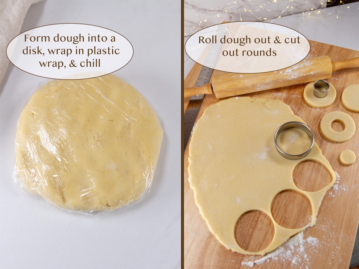 a cookie dough disk wrapped in plastic on left and rolled out and cutting it on right.